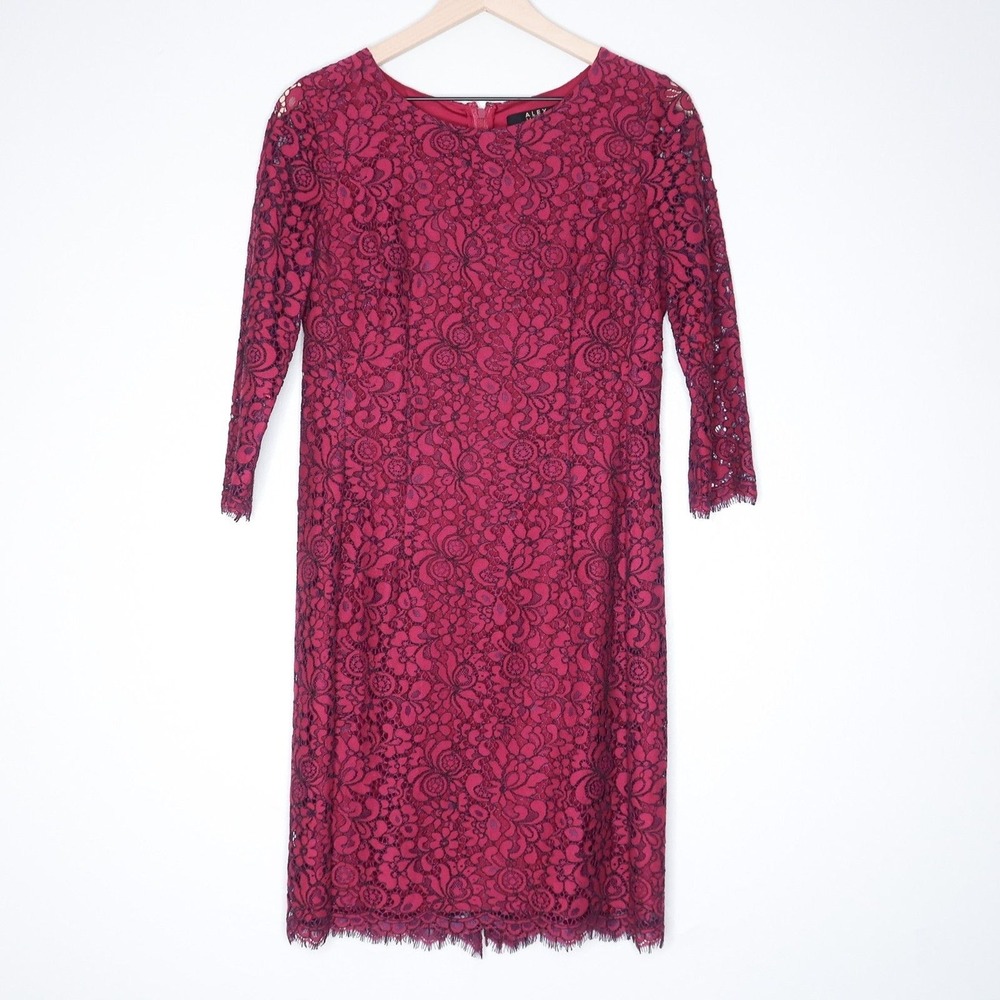 Alex Marie Womens Sheath Dress Size 6 Burgundy Floral Lace‎ Event Wedding Office